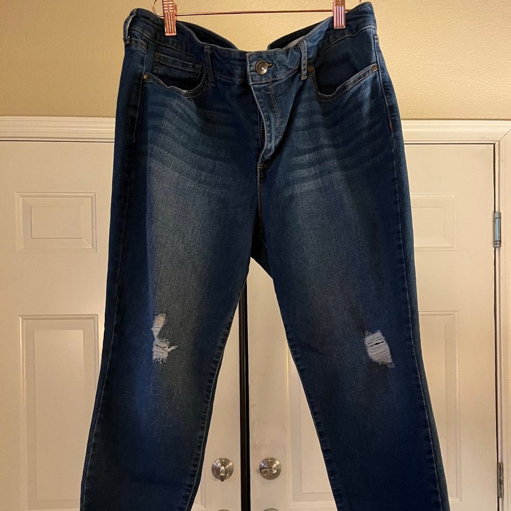 Mid-Rise Ankle Skinny Dark Blue Jeans, Distressed style